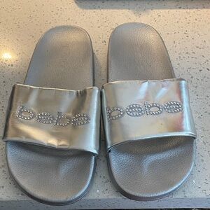 Bebe Metallic Silver Slide Sandals